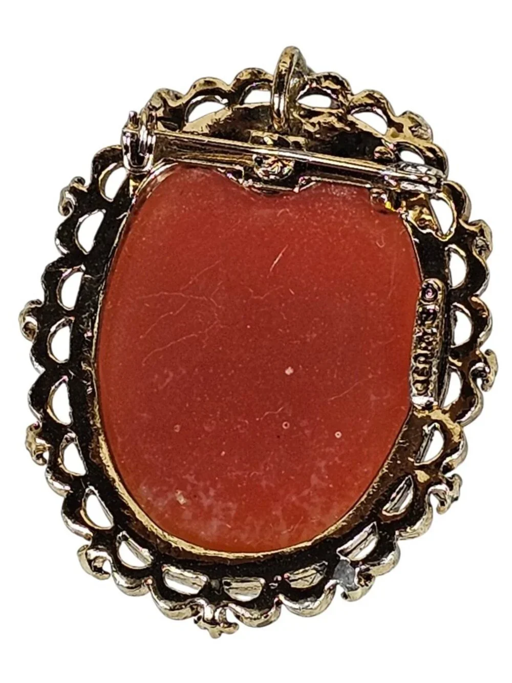 Signed Gerry's Lady Protrait Cameo Brooch Coral Color Resin Gold Tone Vintage - Picture 2 of 6